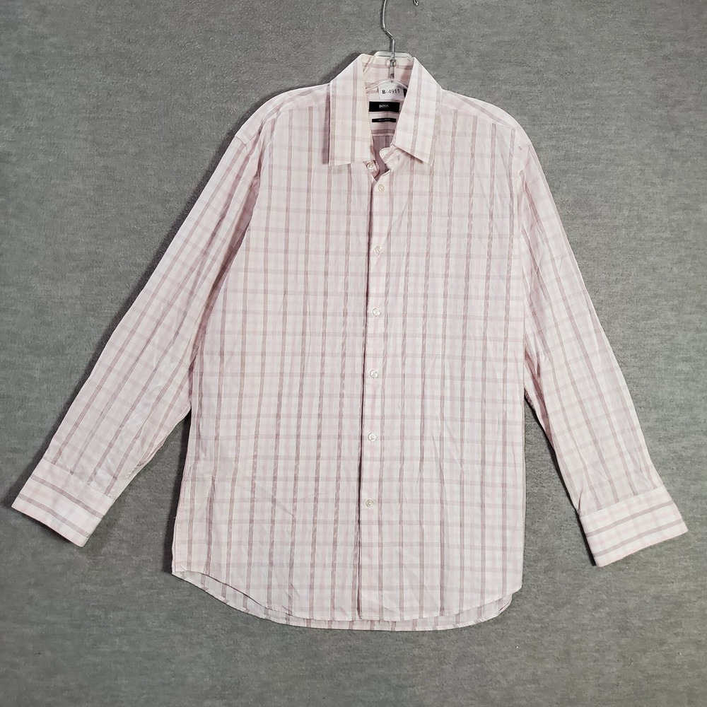Hugo Boss Men Button‎ Up Dress Shirt 16.5 Pink Plaid Regular Fit Collar